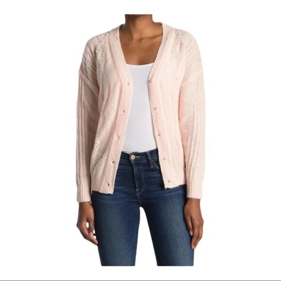 FRNCH Paris V-Neck Pointelle Cardigan Pink Pearl - Picture 1 of 11